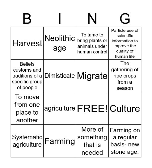 Neolithic age BING Bingo Card