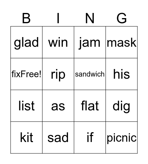 Spelling Words Bingo Card