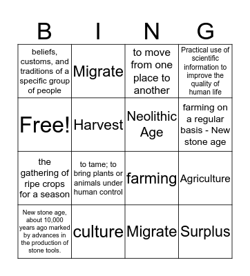 Neolithic Age Bingo Card