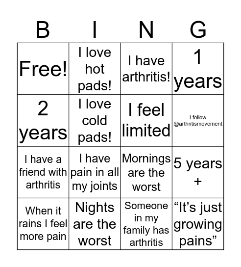 Arthritis Movement Bingo Card