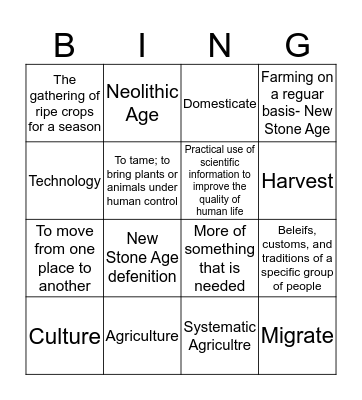 Neolithic Age Bingo Card