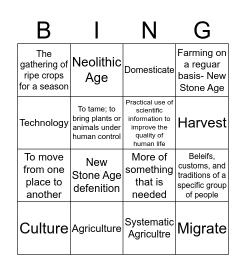 Neolithic Age Bingo Card