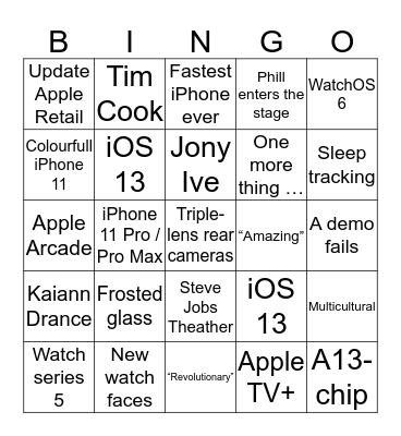 Apple Keynote September 2019 Bingo Card