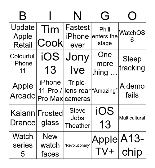 Apple Keynote September 2019 Bingo Card