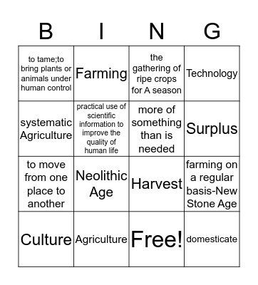 Neolithic Age Bingo Card