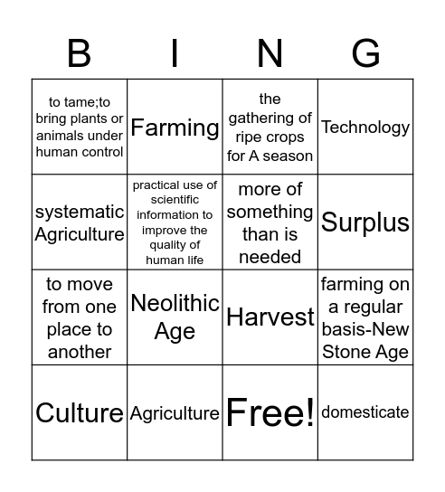 Neolithic Age Bingo Card