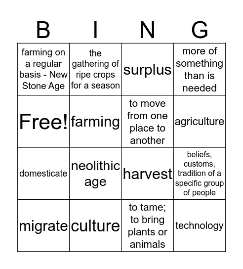 Neolithic age  Bingo Card