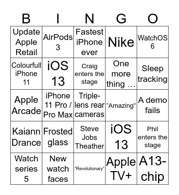 Apple Keynote September 2019 Bingo Card