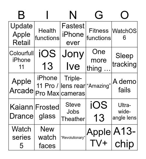 Apple Keynote September 2019 Bingo Card