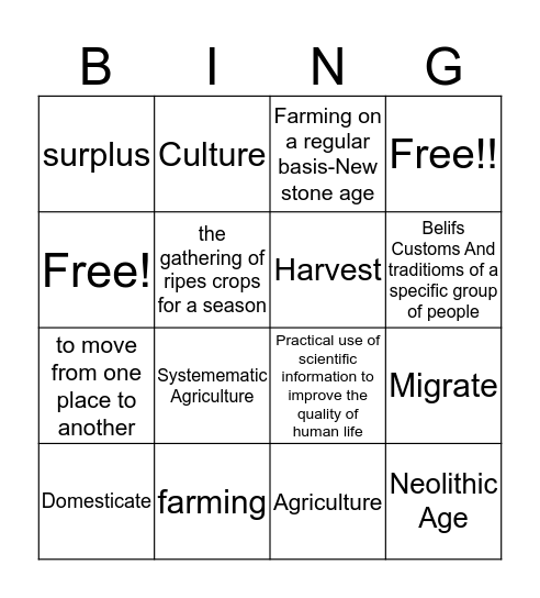 Neolithic Age  Bingo Card