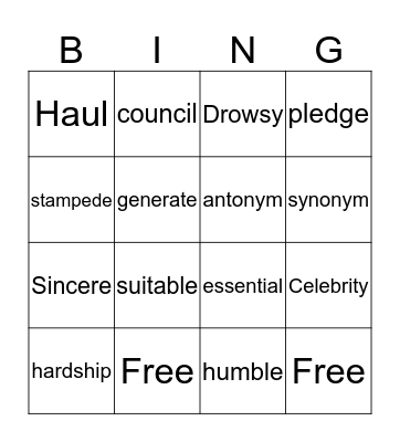 Vocab unit 1 Bingo Card