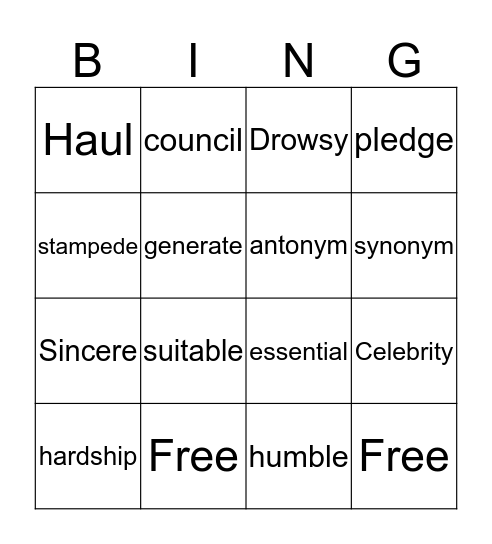 Vocab unit 1 Bingo Card