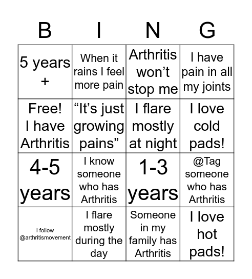 Arthritis Movement Bingo  Bingo Card