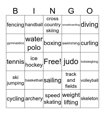 Teens 2 Unit 2 Bingo - Sports Bingo Card