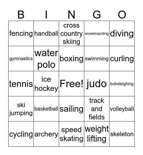 Teens 2 Unit 2 Bingo - Sports Bingo Card