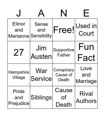 Jane Austen Bingo (Katy, Madison, Aidan) Bingo Card