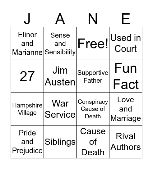 Jane Austen Bingo (Katy, Madison, Aidan) Bingo Card