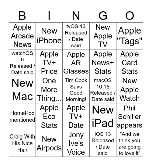 Apple Event Bingo Card