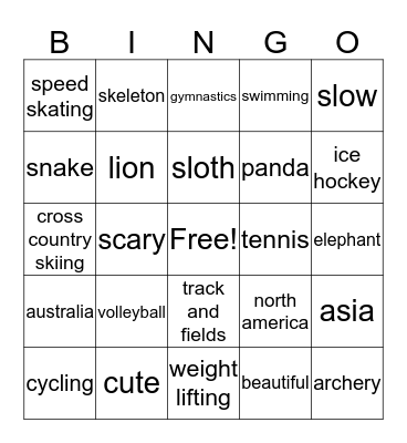 Teens 2 Unit 2 Bingo - Sports and Animals Bingo Card