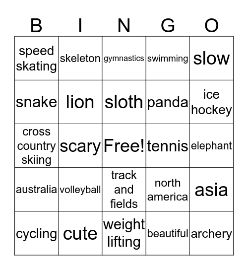Teens 2 Unit 2 Bingo - Sports and Animals Bingo Card