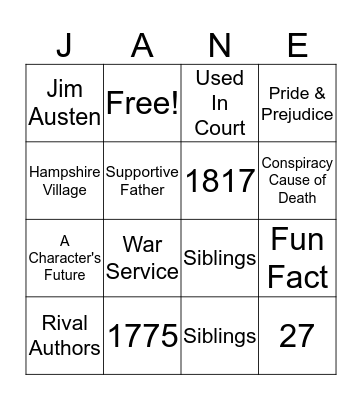 Jane Austen Bingo Card