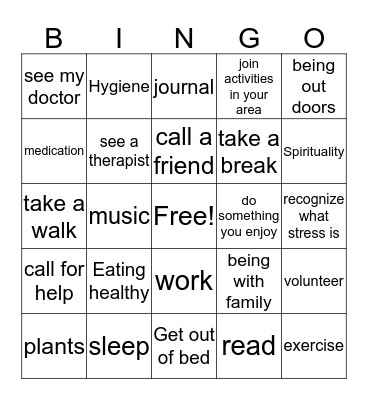 Coping with Mental health BINGO Card