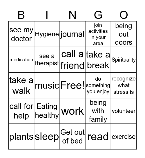 Coping with Mental health BINGO Card