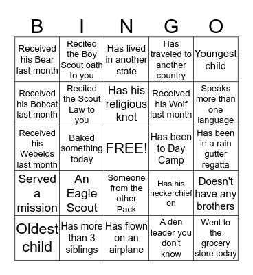 Pack Meeting Bingo Card