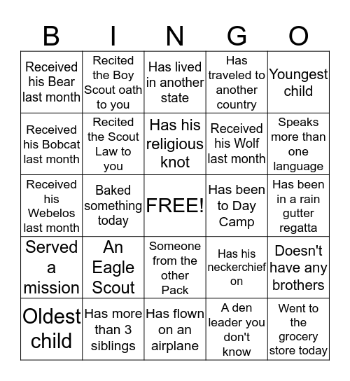 Pack Meeting Bingo Card