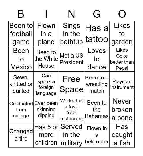 GET TO KNOW YOU Bingo Card