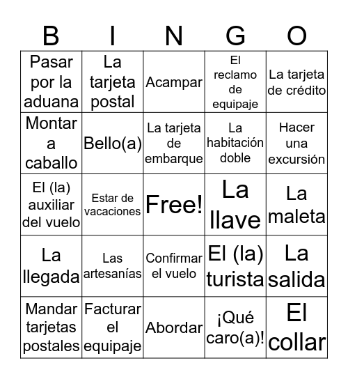 Avancemos 2 - Unit 1 - Vocabulary (Text) Bingo Card
