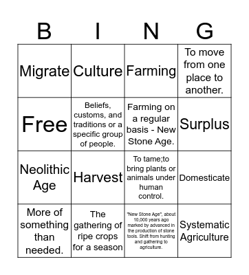 Neolithic Age Bingo Card