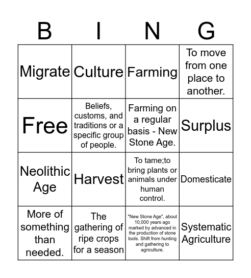 Neolithic Age Bingo Card