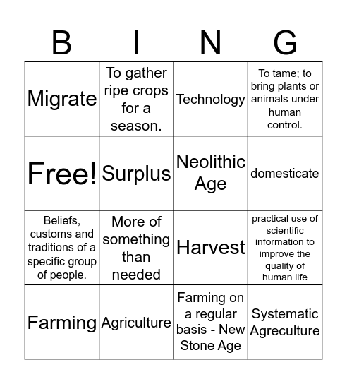 Neolithic Age Bingo Card