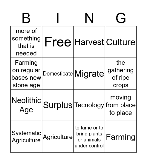 Neolithic Age Bingo Card
