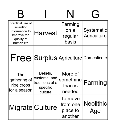 Neolithic Age Bingo Card