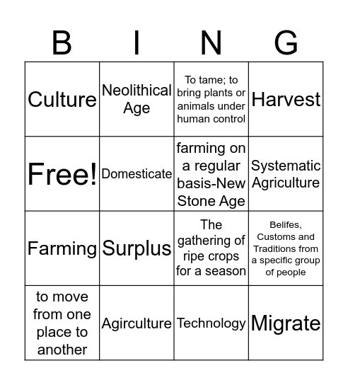 Neolithic Age Bingo Card