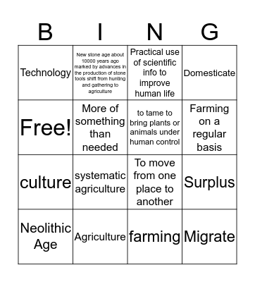 Neolithic Age Bingo  Bingo Card