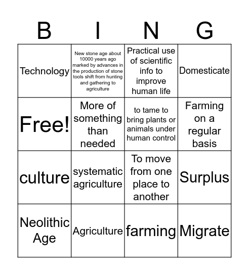 Neolithic Age Bingo  Bingo Card