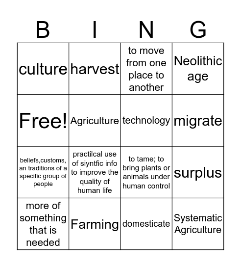 Neolithic Age Bingo Card