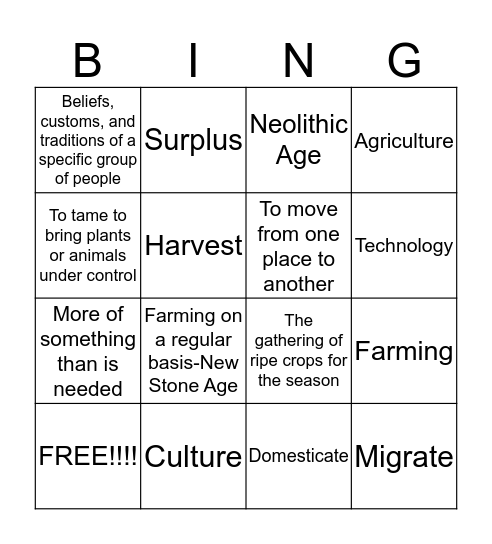 Neolithic age bingo  Bingo Card