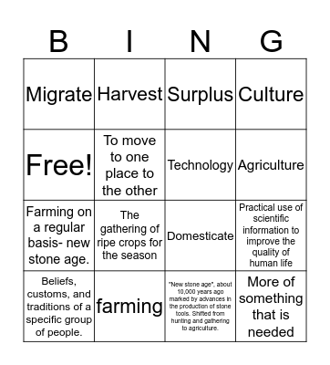 Neolithic Age Bingo Card