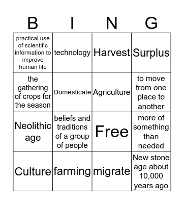 Neolithic Age Bingo Card