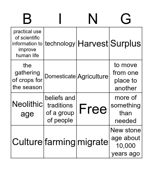 Neolithic Age Bingo Card