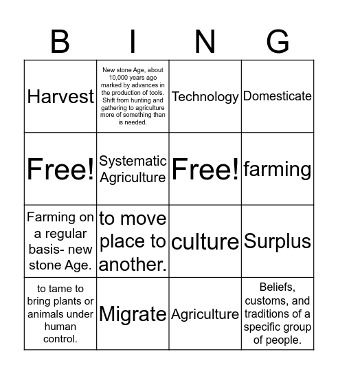 Neolithic Age Bingo Card