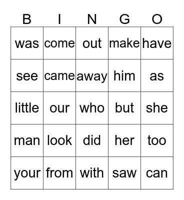 Sight Words Bingo Card
