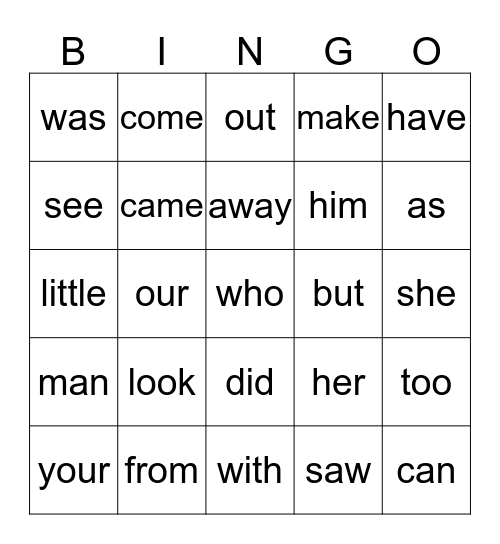 Sight Words Bingo Card