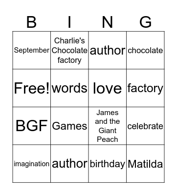 Roald Dahl Day Bingo Card