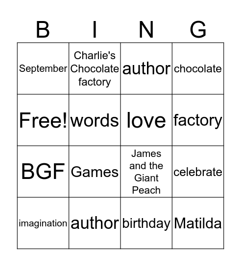 Roald Dahl Day Bingo Card