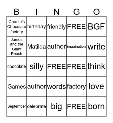 Roald Dahl Day Bingo Card